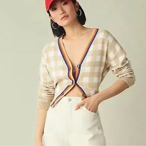 KULE Beige and White Checkered Cardigan with Vibrant Trim